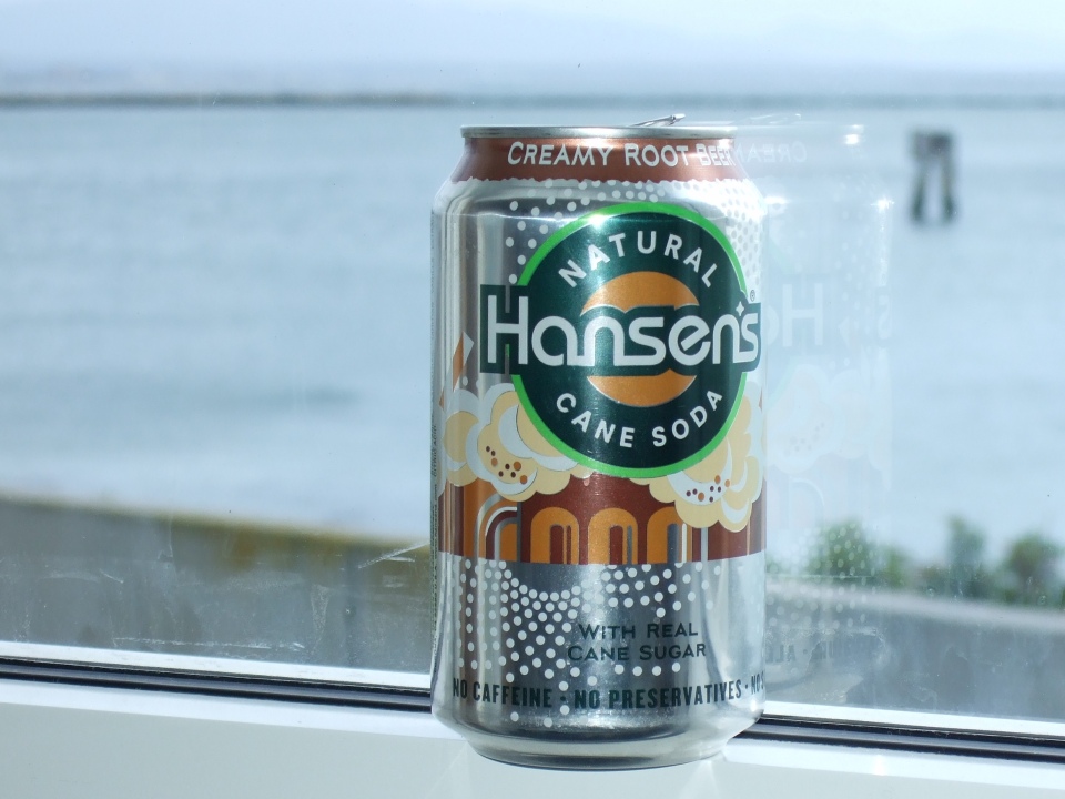 Hansen's Creamy Root Beer, San Diego Bay in the background.